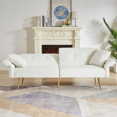 Modern Teddy Upholstered Accent Loveseat Sofa With Side Pocket, Folding Sleeper Sofa Bed With Foldable Armrest , Adjustable Backrest And Golden Metal Legs