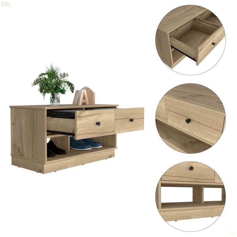 Rectangle 2-Shelf 2-Drawer Storage Bench, Light Oak