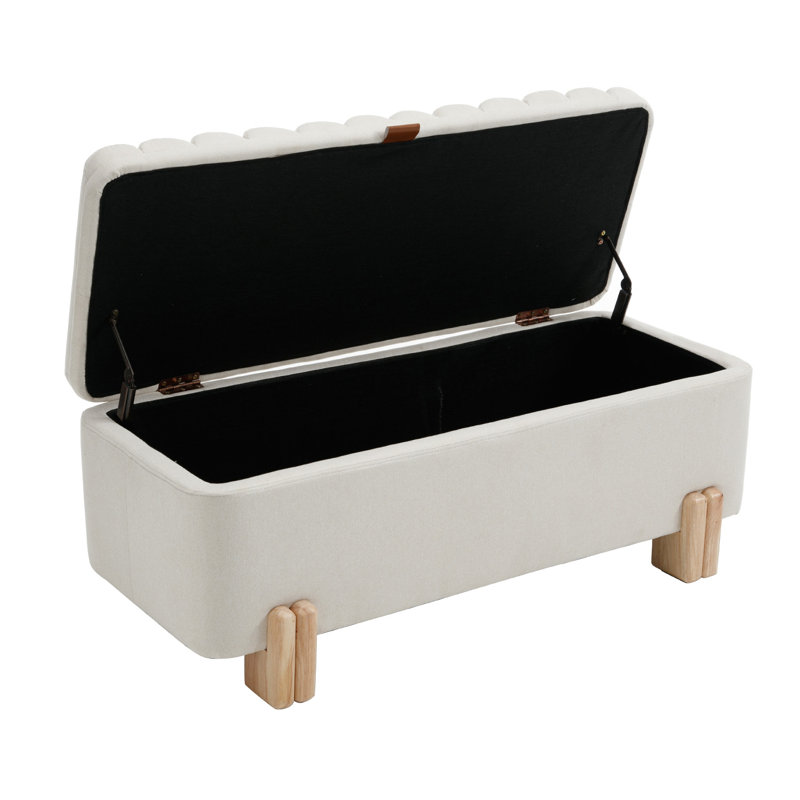Upholstered Flip Top Storage Bench With Solid Wood Legs, Beige Linen, Cream