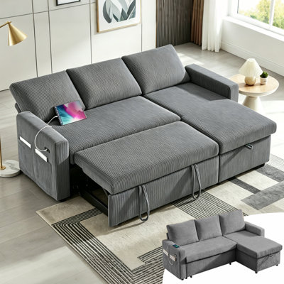 81" L-Shaped Sectional Sleeper Sofa with Pull Out Bed & Storage Chaise, Chenille