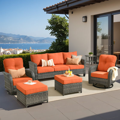 All - Weather Wicker Outdoor Furniture SetComfortable 6 - Piece Patio Seating Group with Rotating Chairs, Sofa & ottoman