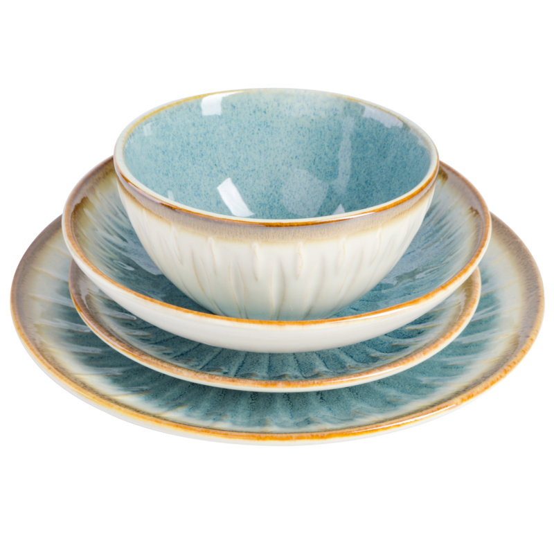 Light Blue Ceramic 16-Piece Embossed Dinnerware Set