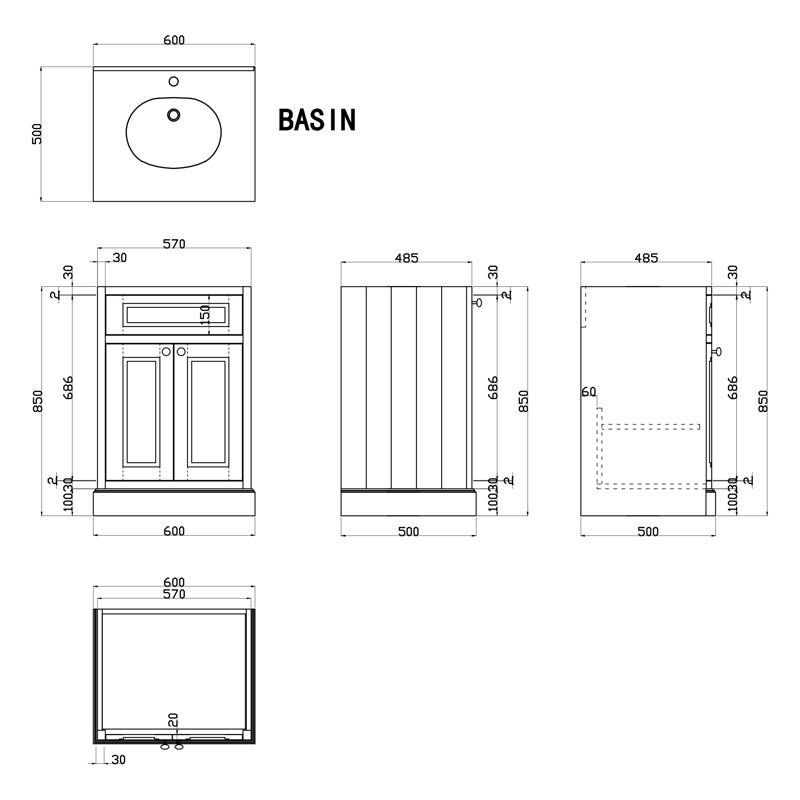 Rowland 600mm Bathroom Vanity with Integrated Ceramic Basin, White