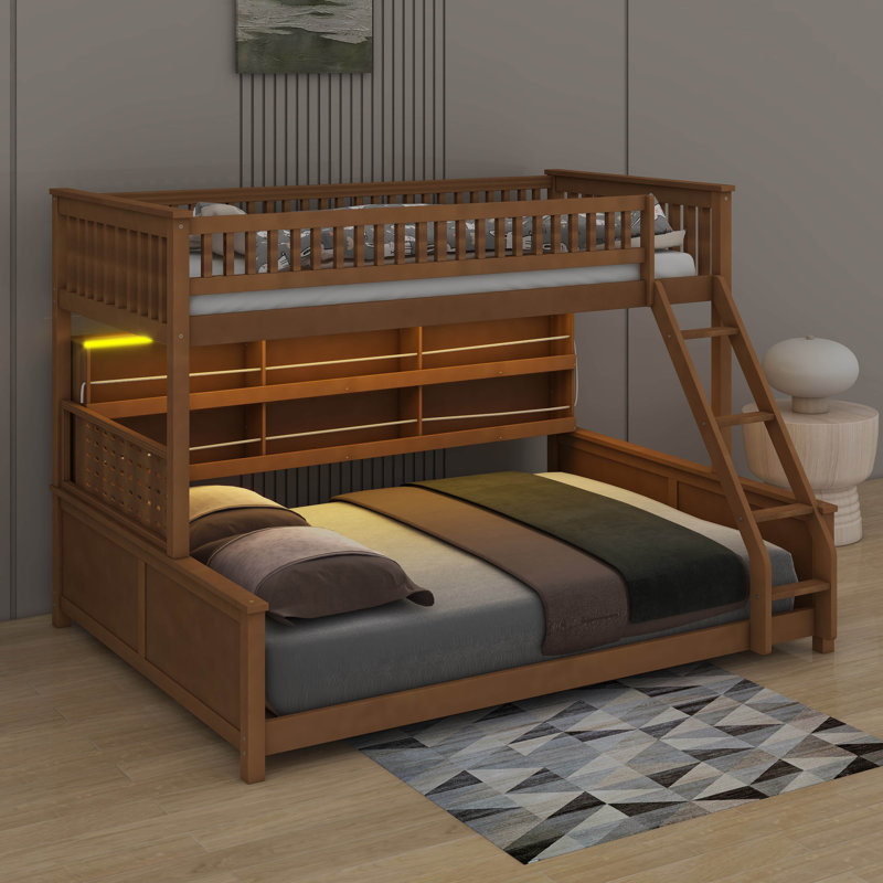 Cadre de lit superposé en bois avec tablettes de rangement latérales intégrées et corde anti-chute, lumières, panneau perforé