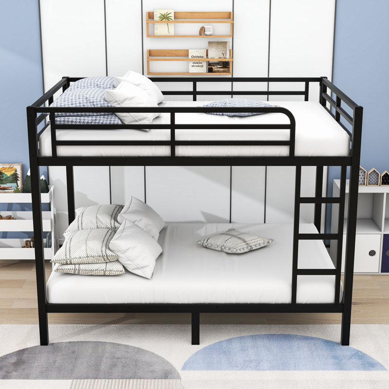 Full XL Over Full XL Metal Bunk Bed With Built-In Ladder And Guardrails