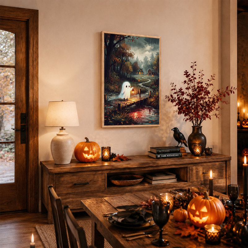 Tableau sur toile d'Halloween représentant un fantôme blanc tenant une lanterne sur un pont d'automne, 48"H x 36"W