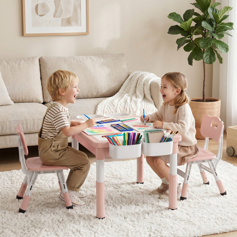 Kids Table & 2 Chairs Set, Height Adjustable Children Activity Table w/Storage, Graffiti & Building Blocks Tabletop, Toddler Furniture Set for Classroom, Daycare, Home