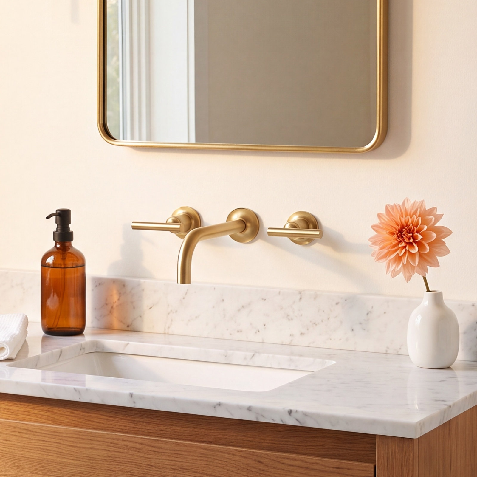 Purist Wall-Mounted Bathroom Sink Faucet, Vibrant Brushed Moderne Brass, Lever Handle