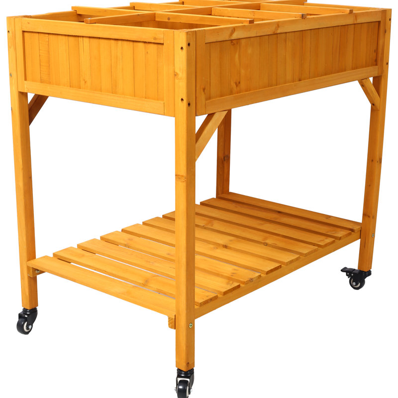 Mobile Raised Wood Planter With Utility Shelf: For Herbs, Veggies, Flowers, Lockable Wheels And Drainage Elevated For A Beautiful Productive Garden: Wheels, Storage Shelf Good Function