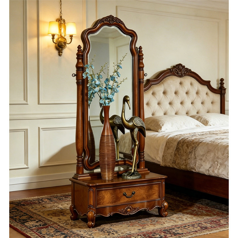 American-Style Solid Wood Dressing Mirror, Household Floor Mirror With Storage Function