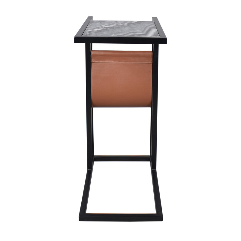 Table d'appoint rectangulaire en forme de C en marbre et cuir Emmeline