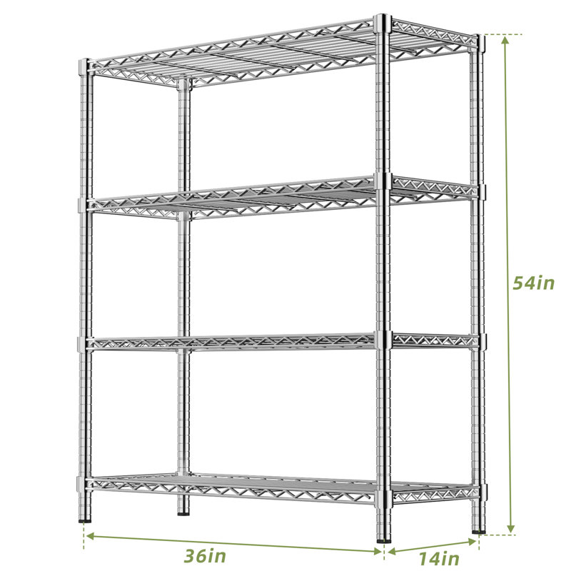 Wire Shelving Unit, (4 Shelves) 54"H x 14"W x 36"D, Silver