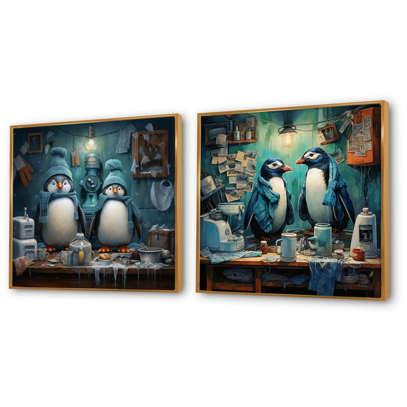 Chilly Penguins Laundry Room I - Ensemble de 2 reproductions d'art sur toile, Cadre flottant doré, H 16 po x l 33 po x P 1 po