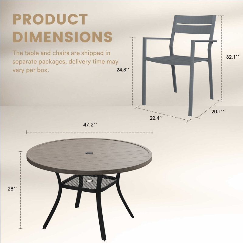 6-Person Outdoor Patio Dining Set With Metal Chairs, Gray Woodlike/Gray