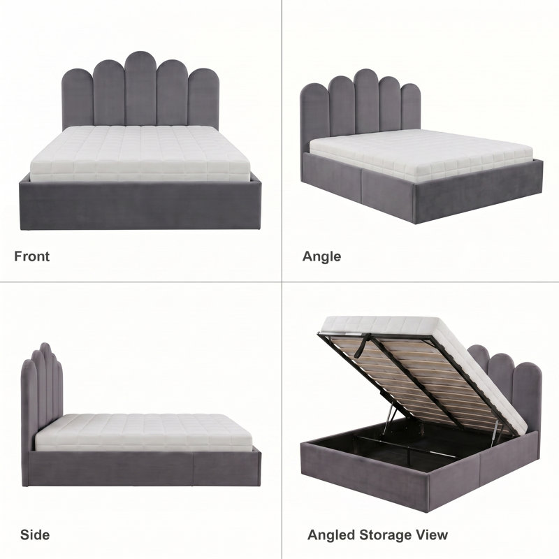 Modern Palm-Shaped Upholstered Bed with Lift Up Storage, Full, Gray Velvet, Gray, Full