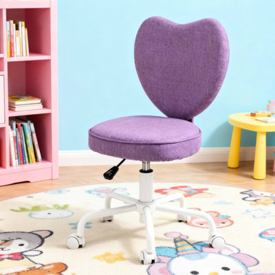 Chaise de bureau à dossier en forme de cœur mauve, réglable en hauteur, pivotante à 360 degrés, tissu en lin et mousse douce, idéale pour la décoration de chambre à coucher