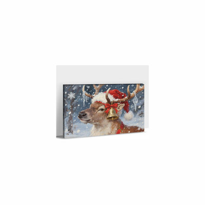 Christmas Canvas Wall Art, Reindeer With Santa Hat Gold Bell And Red Ribbon Painting, Winter Forest Scene Holiday Decor Picture For Living Room Ready To Hang (18X24 Inches)