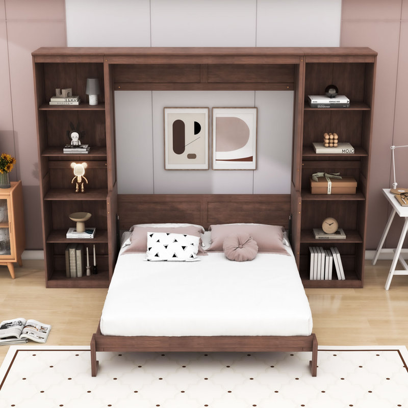 Lit escamotable en bois avec bibliothèque, Lit double