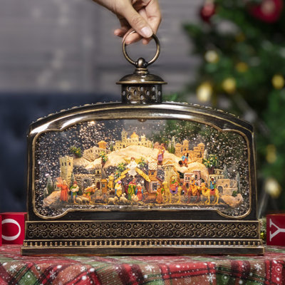 10.83" Large Lighted Musical Nativity Scene Snow Globe - 6H Timer, Dual Power, Christmas Village Indoor Xmas Decor