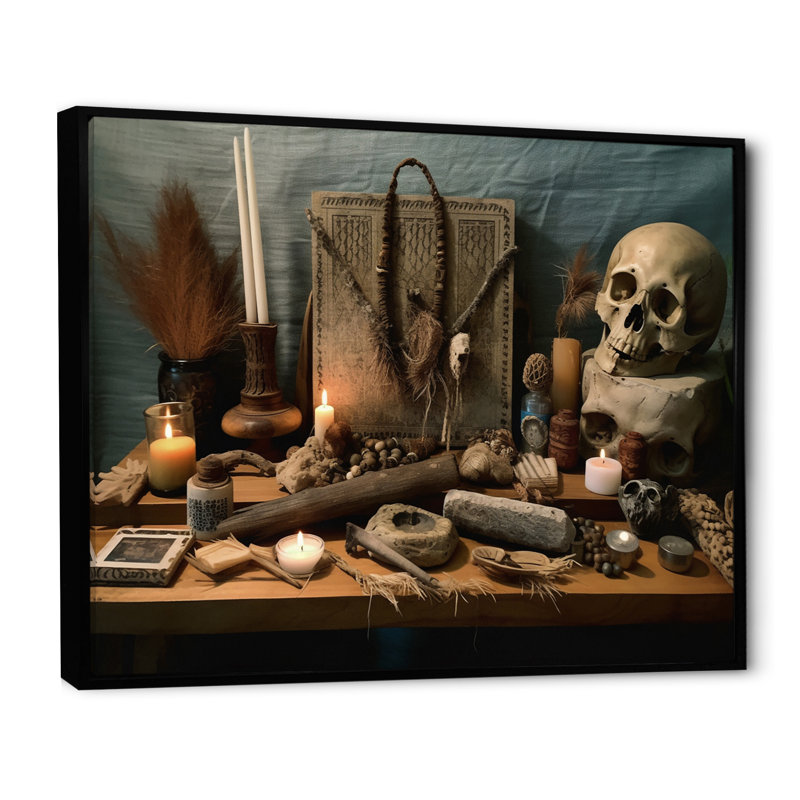 Autel avec objets sacrés I - reproduction sur toile, Cadre flottant noir, H 16 po x l 32 po x P 1 po