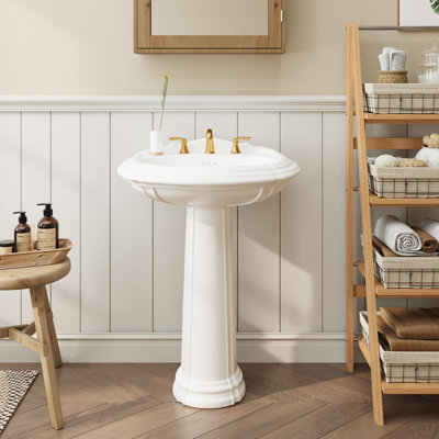 Lavabo sur pied rond en céramique 24 "avec trop-plein, 8 pouces, 3 trous pour salle de bain