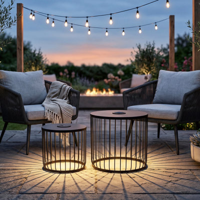 Solar Powered Nesting Side Table Set, Modern Round End Tables with Solar LED Lights