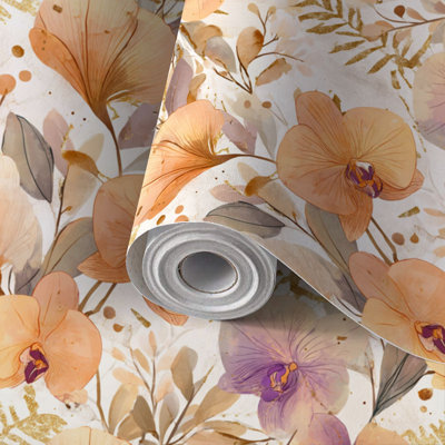 Papier peint adhésif peler et coller en PVC, revêtement mural auto-adhésif amovible avec aquarelle orchidée florale, impression sur toile de lin, imperméable pour la décoration intérieure - rouleau
