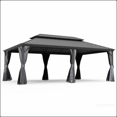Abri de jardin à toit rigide de 14 pi x 24 pi, abri de jardin en métal amélioré avec système de drainage, toit en acier galvanisé à double couche, rideau et filet, auvent d'abri extérieur pour patio, jardin et cour arrière