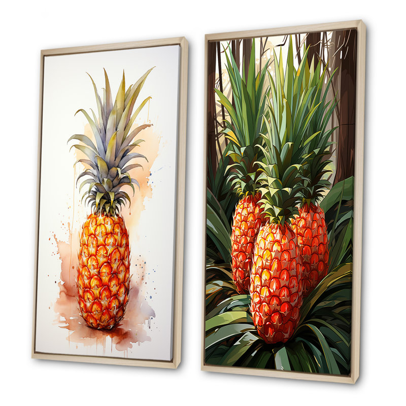 Golden Pineapple Paradise I - ensemble de 2 reproductions d'art ananas, Cadre flottant brun, H 28 po x l 25 po