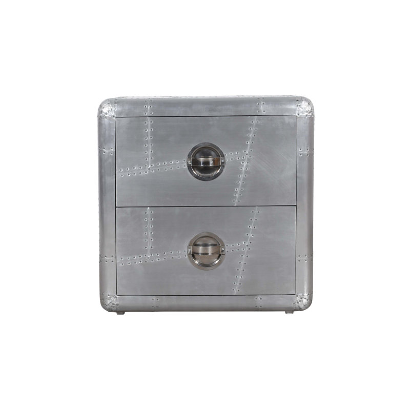Table de chevet 2 tiroirs Pilot avec revêtement en aluminium argenté et vis apparentes
