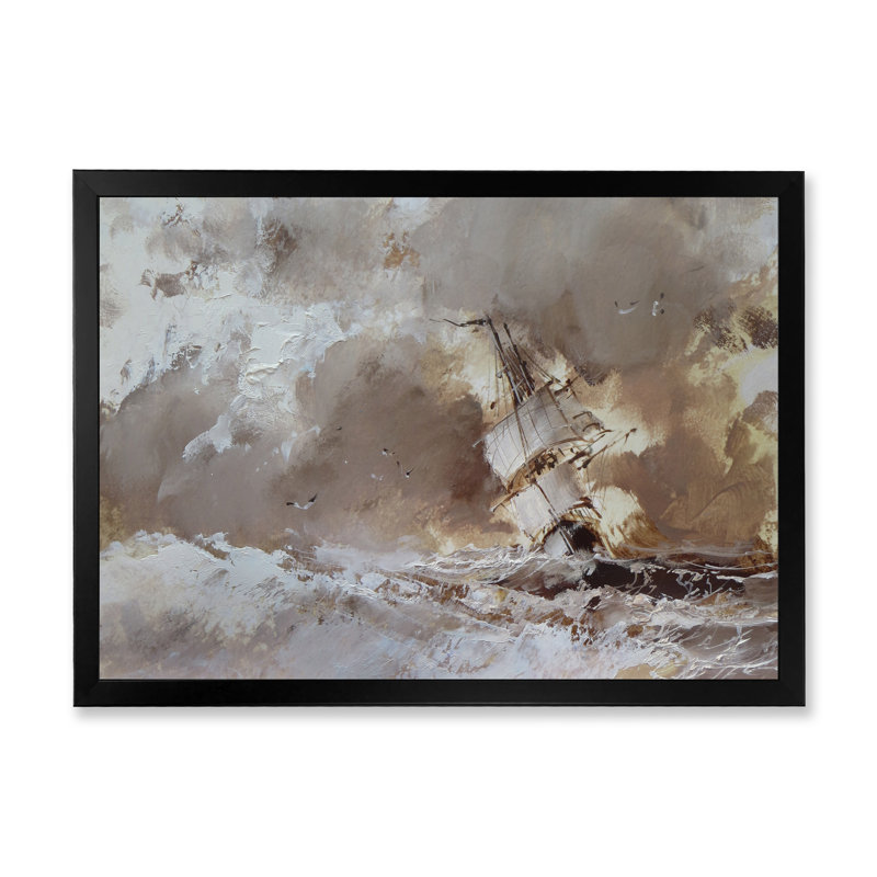 Vieux voilier sur bord de mer - décoration murale en toile nautique et côtière, Cadre noir, H 16 po x l 32 po x P 1 po