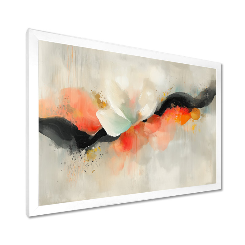 «Emotion Pulse Of Volcano», encre liquide abstraite, H 16 po x l 32 po, Cadre flottant, Blanc