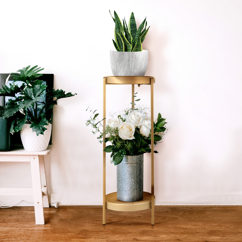Support pour plante moderne en métal à 2 niveaux avec 2 plateaux ronds pour l'intérieur et l'extérieur