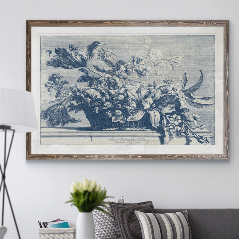 Navy Basket Of Flowers I - Single Picture Frame Painting, 28" H x 38" W x 1.3" D, Espresso Framed Paper