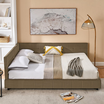 Mid-century Queen Bed, Velvet Upholstered, Comfortable For Bedroom Living Room Upholstered Size Brown Velvet, And Decoration