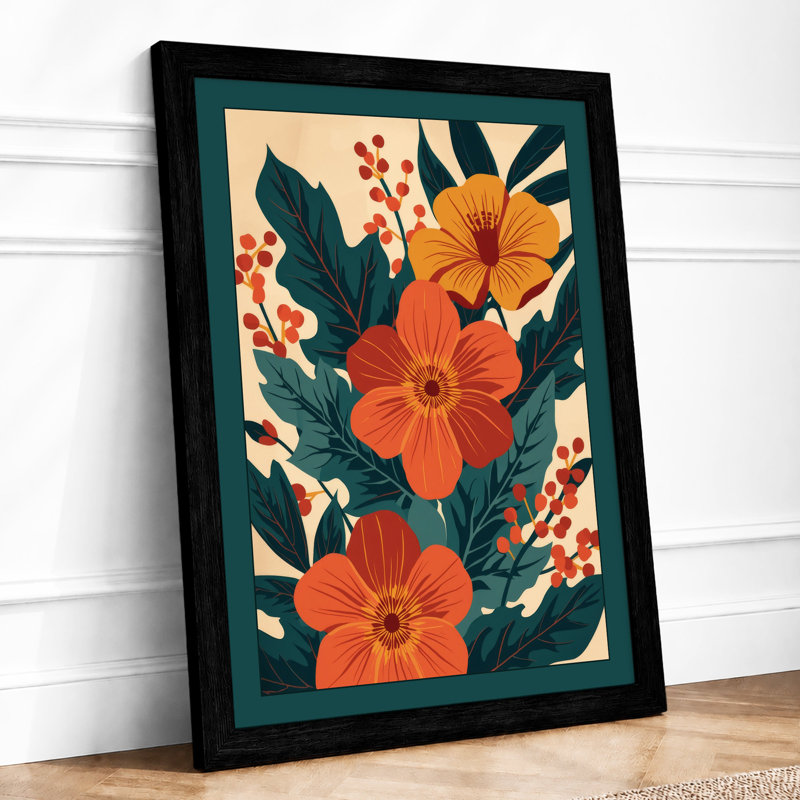 Orange Blooms & Teal Art Deco - Framed Print, A4 - 29.7 x 21.0 cm, Black
