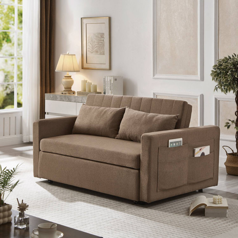 Lateresa 54'' Small Loveseat Pull-Out Sofa Bed - Adjustable Backrest With 2 Soft Pillows, Brown