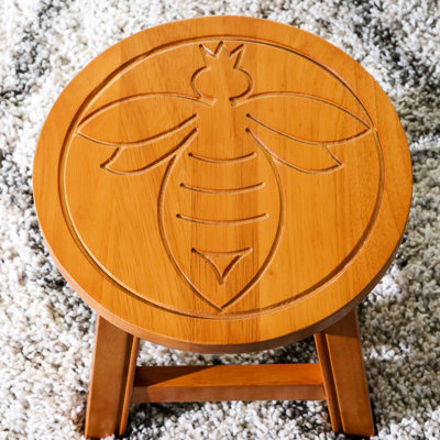 Natural Wood Step Stool With Queen Bee Detail - 10 Inch High Wooden Inspired Decoration