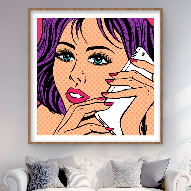 «Pop Art Style Lady on Téléphone - Retro Woman», reproduction encadrée