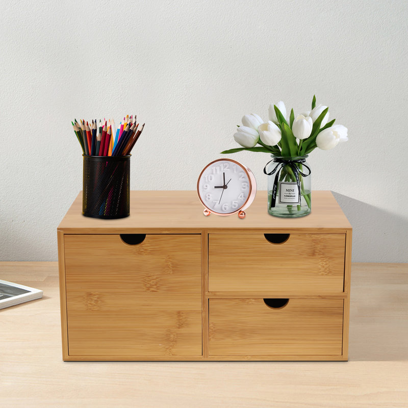 Mini boîte de rangement de bureau en bambou avec trois tiroirs Adalard