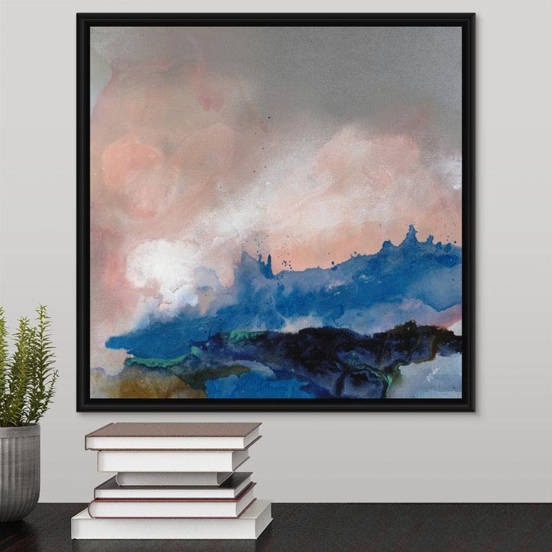 « blue etude ii », peinture sur toile, H 17,7 po x l 17,7 po x P 1,75 po, Cadre flottant noir