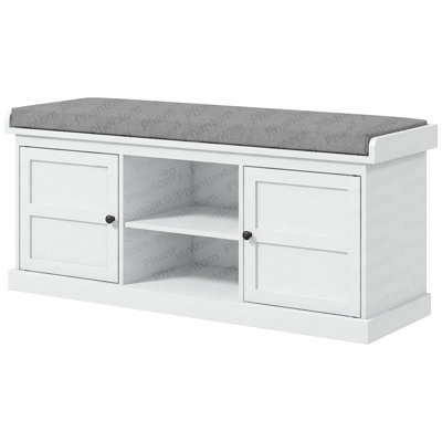 HOMCOM Shoe Bench With Cushion, Storage Bench For Entryway With Padded Seat, 2 Cabinets And Adjustable Shelf For Hallway, Living Room, Bedroom, White