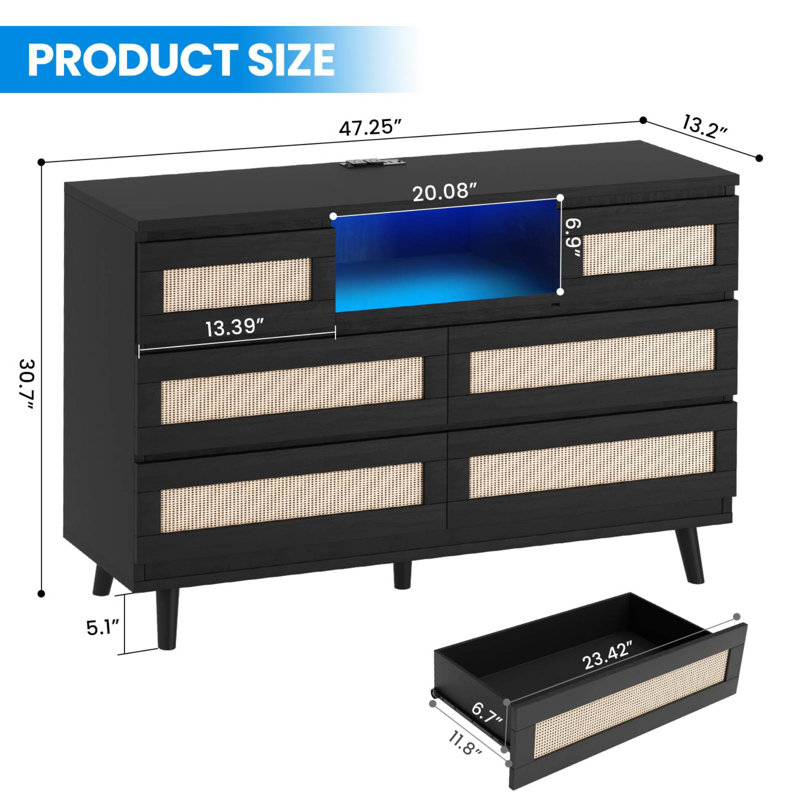 6 Drawer Rattan Dresser with LED Lights & Charging Station, Modern Double Chest, Black