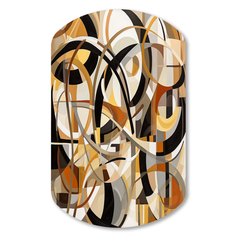 Mid Century Artistic Transformations I - Mid Century, art mural asymétrique moderne en métal, cylindre jaune