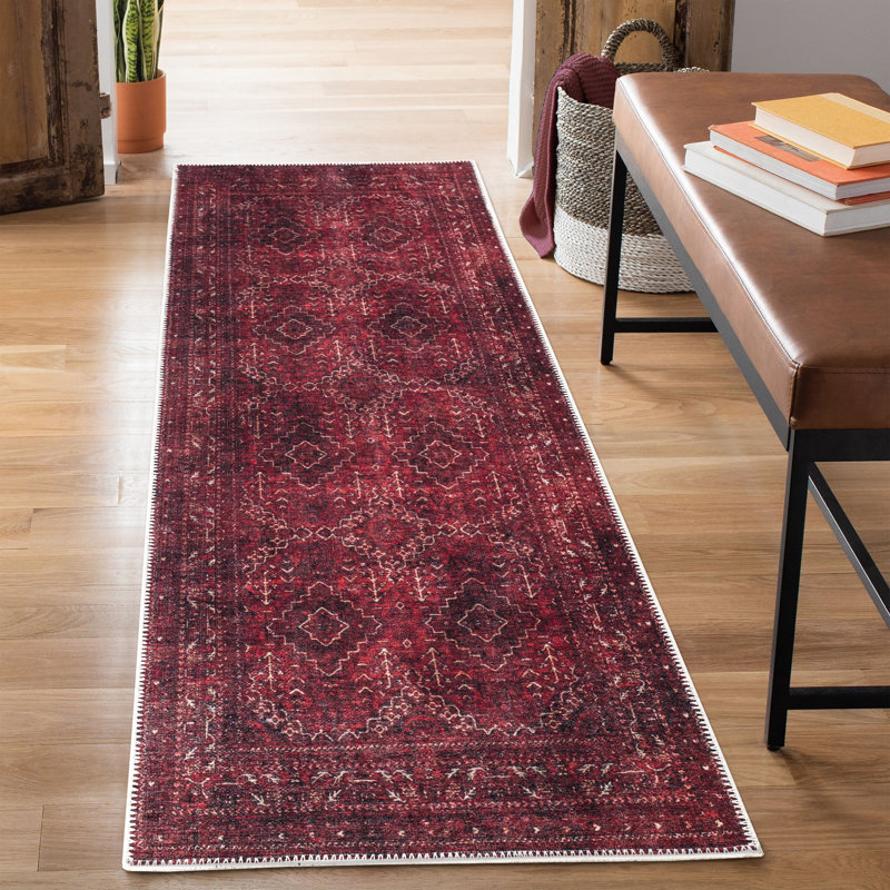  Tapis lavable antidérapant - Tapis de bordure traditionnel rouge foncé pour l'entrée, le couloir, la salle de bain et la cuisine