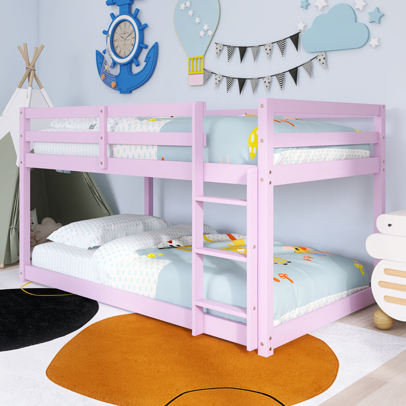 Wood Frame Twin Over Twin Size Bunk Bed With Ladder,Strengthened Slats, Pink
