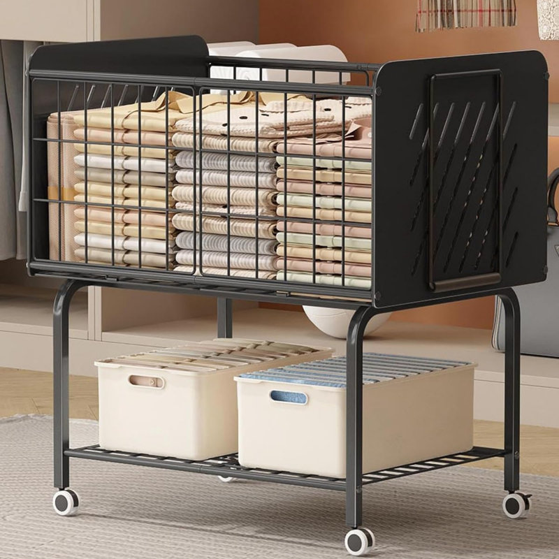 Wire Laundry Basket 2-Tier 76 L with Wheels, Black Large Capacity Laundry Cart for Laundry Room