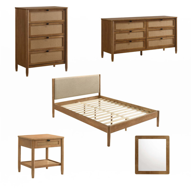Ensemble de chambre en hévéa, Lit, table de chevet, commodes, miroir de commode