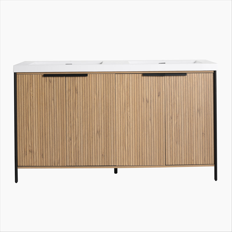 Meuble-lavabo autoportant de 60 po avec lavabo double en résine et 4 portes d'armoire à fermeture en douceur (emballage KD)