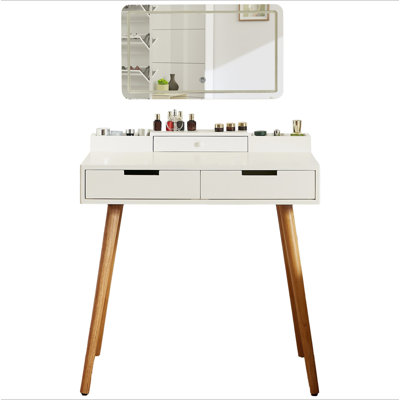 Petite coiffeuse de maquillage, bureau avec 2 tiroirs, organisateur de miroir rabattable, coiffeuse de maquillage pour chambre à coucher, vestiaire